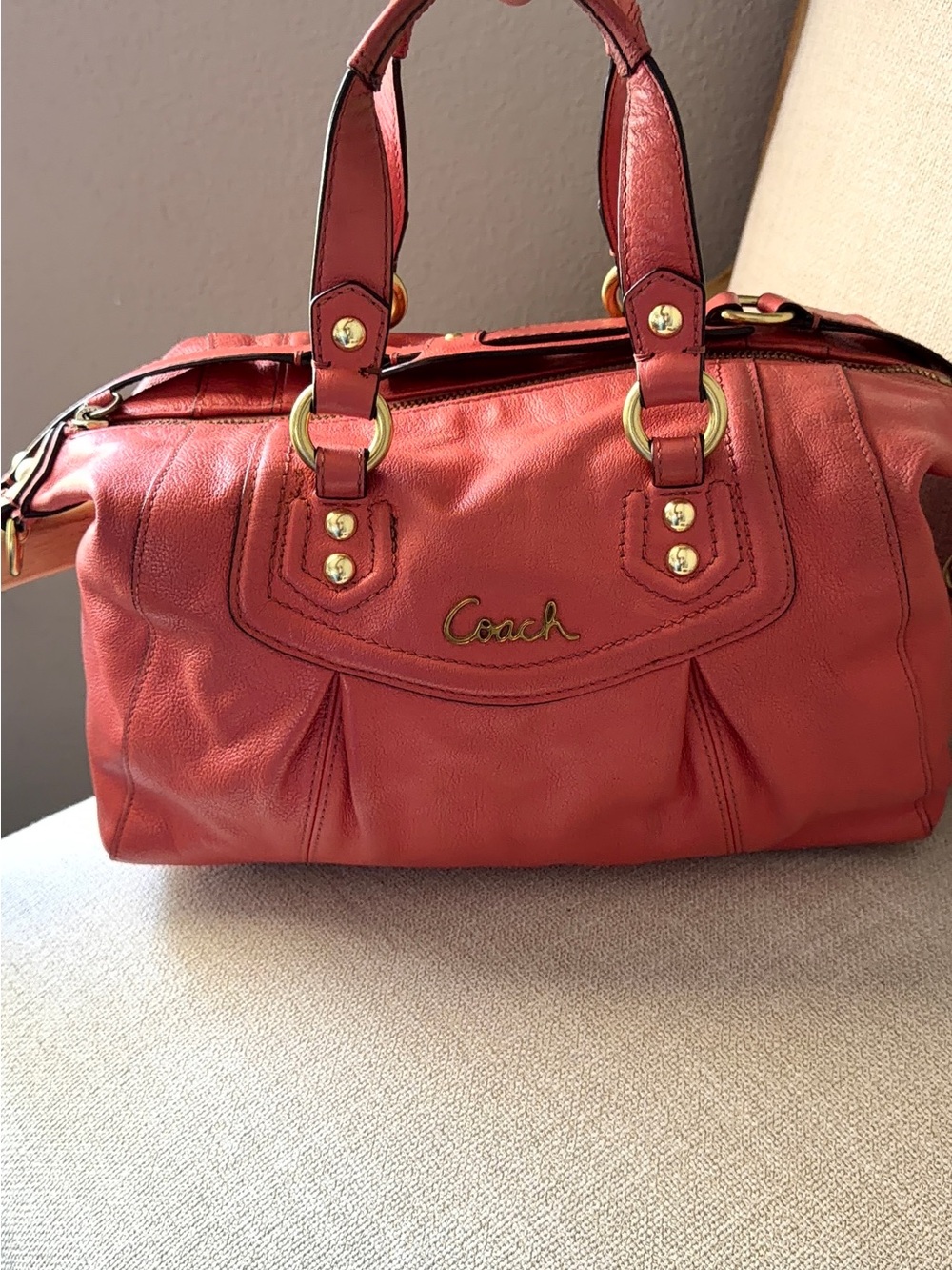 Coach Red Leather Satchel with Gold Hardware